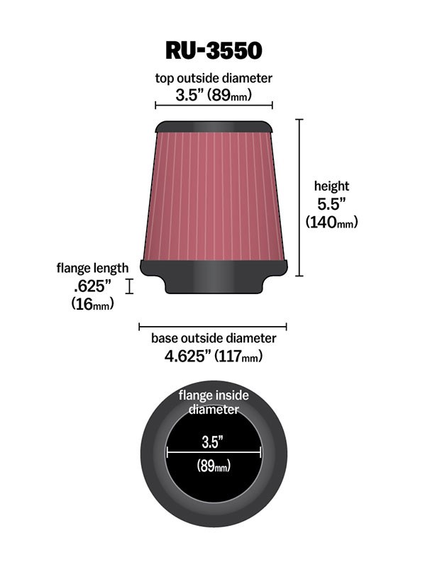 K&N Filters Air Filter, Washable, Red, Cotton Gauze, Round Tapered – RU-3550