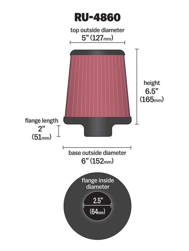 K&N Filters Air Filter, Red, Cotton Gauze, Round Tapered, 6 Inch Base Outside Diameter X 5 Inch Top Outside Diameter X 6-1/2 Inch Height – RU-4860
