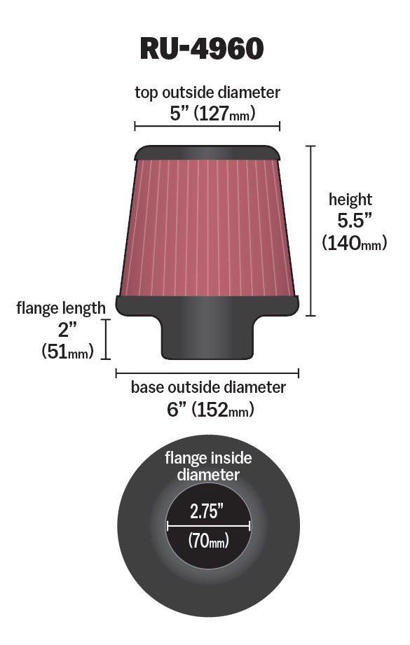 K&N Filters Air Filter, Red, Cotton Gauze, Round Tapered, 6 Inch Base Outside Diameter X 5 Inch Top Outside Diameter X 5-1/2 Inch Height – RU-4960