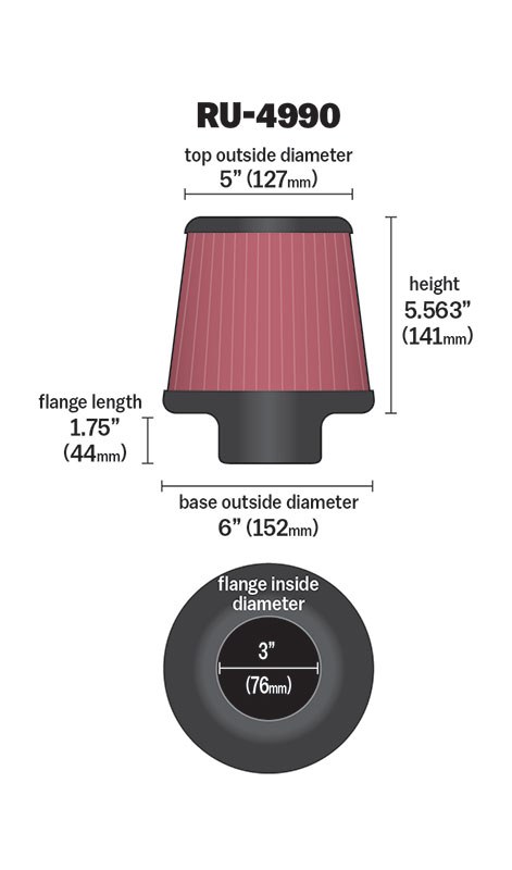 K&N Filters Air Filter, Red, Cotton Gauze, Round Tapered, 6 Inch Base Outside Diameter X 5 Inch Top Outside Diameter X 5-9/16 Inch Height – RU-4990