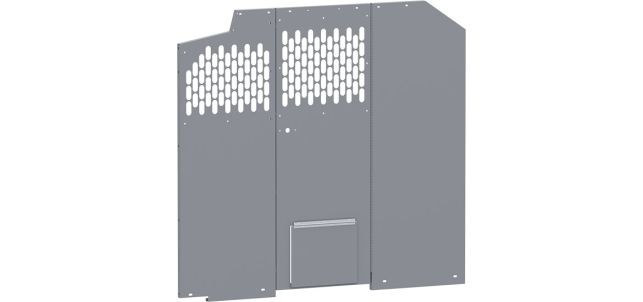 Holman Bulkhead Divider, Full Bulkhead, With 13-1/2 Inch Width X 10 Inch Height Dog Door, With Perforated Window, Matte Powder Coated, Steel – 40645