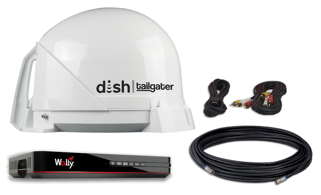 King Satellite TV Antenna, Tailgater ®, Work with Dish® Service, Roof Mount/ Portable, White, HD Compatible, Powered Over Coax Cable – DT4450