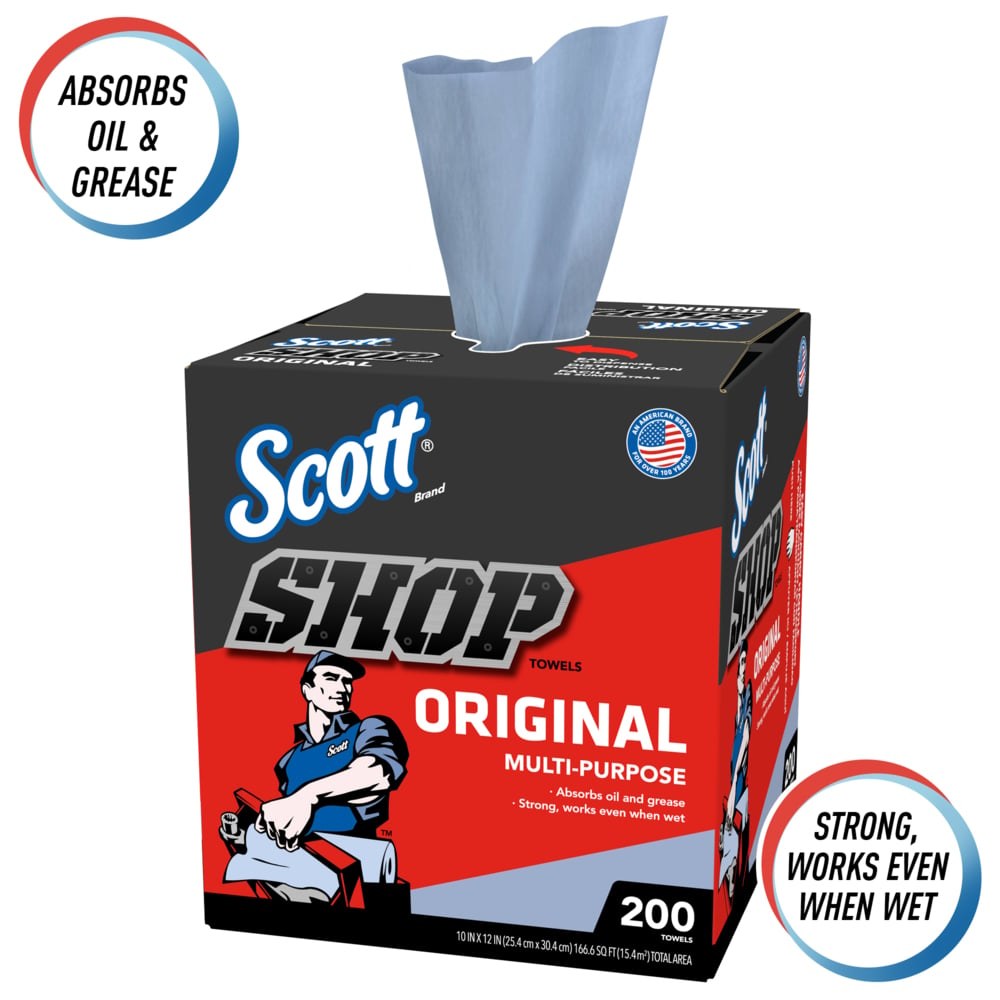 Kimberly Clk Shop Towel, Scott ®, Cloth, Blue, 9 Inch Width X 12 Inch Length, Single Center-Pull Box of 200 – 75190
