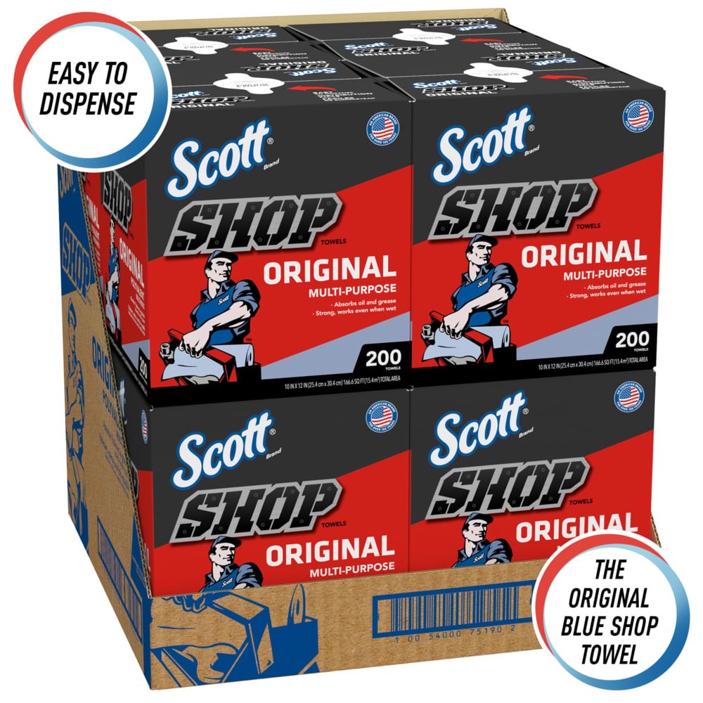 Kimberly Clk Shop Towel, Scott ®, Cloth, Blue, 9 Inch Width X 12 Inch Length, Single Center-Pull Box of 200 – 75190