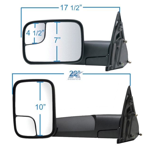 K-Source Exterior Towing Mirror, OEM Replacement, 10 Inch X 7 Inch with a 4-1/2 Inch Spot Mirror, 22 Inch Mirror Extension, Manual – 60112C