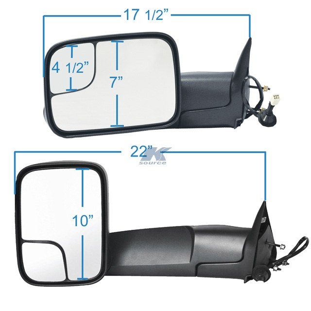 K-Source Exterior Towing Mirror, OEM Replacement, 10 Inch X 7 Inch with a 4-1/2 Inch Spot Mirror, 22 Inch Mirror Extension, Electric – 60180C
