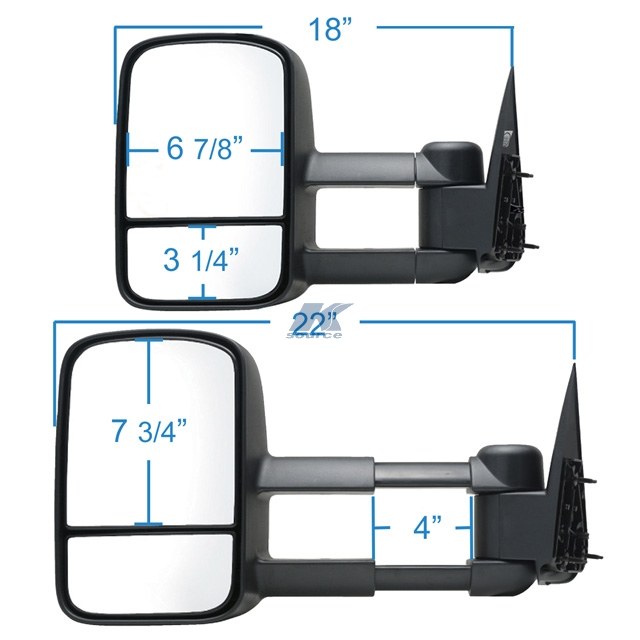 K-Source Exterior Towing Mirror, OEM Replacement, 12 Inch X 7-3/4 Inch Including a Spot Mirror, 4 Inch Extension, Manual, Without Turn Signal – 62074G
