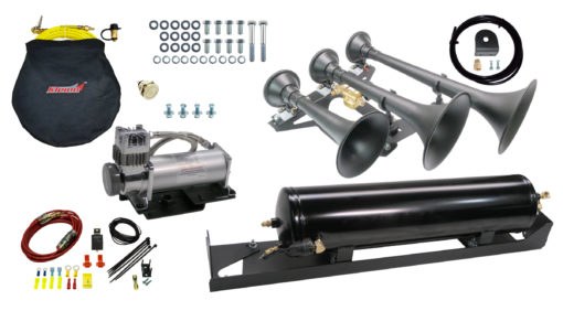 Kleinn Auto Air Horn, Totally Bad Ass, Dual Tone, Round Trumpet, Longest Trumpet 18.25 Inch Length, Black, Steel – SDKIT17-734STL