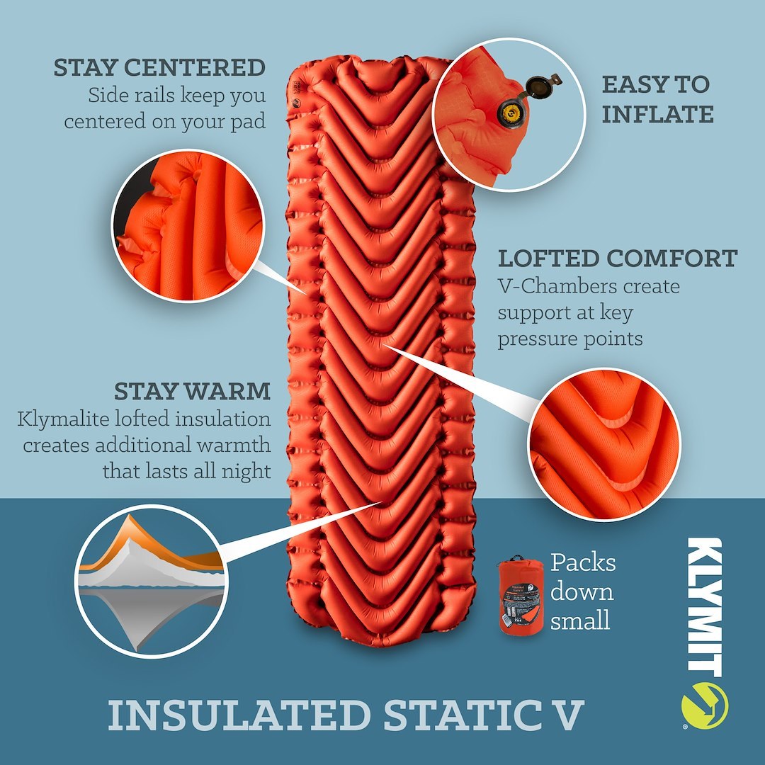 Klymit Sleeping Pad, Insulated Static V™, Inflatable, Manual Inflation Using Breath, V-Chamber Design – 06IVCY02C