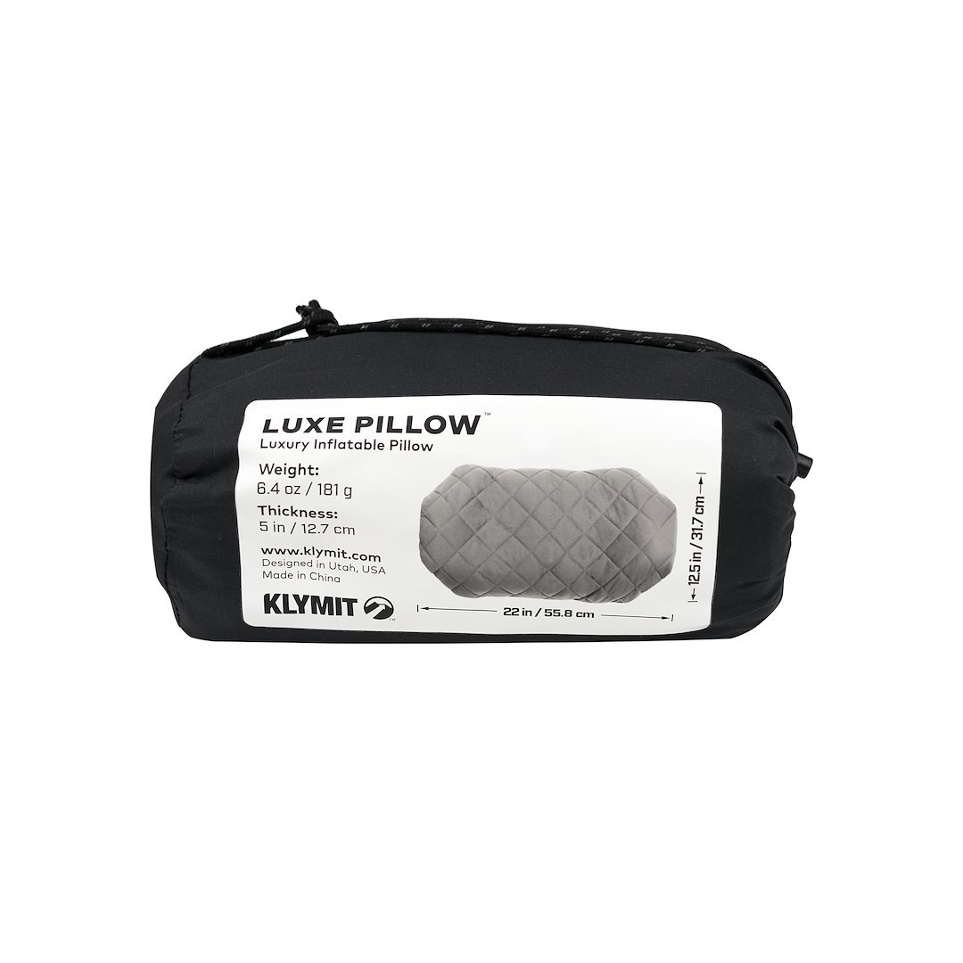 Klymit Pillow, Luxe™, Extra Large, Inflatable, 75D Polyester, Lofty Support, Gray, 22 Inch Length X 12-1/2 Inch Width X 5 Inch Height – 12LPGY01D