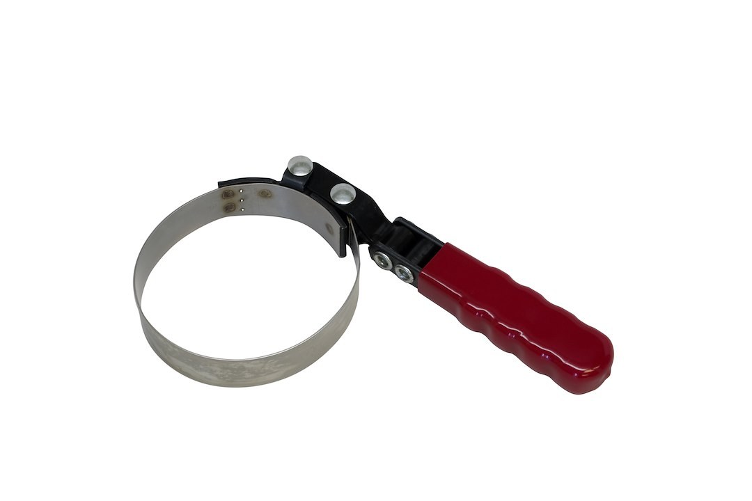Lisle Oil Filter Wrench, Fits 3-1/2 Inch to 3-7/8 Inch Filters, Band Type, 1 Inch Wide Band, Stainless Steel Band/ Vinyl Handle Swivel Grip – 53500