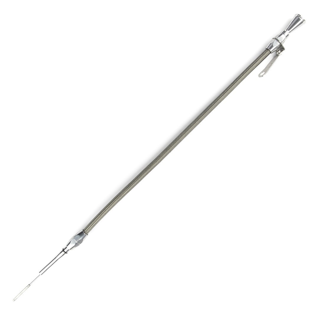 Lokar Oil Dipstick, For 1994 and Later 4.6 Modular Ford 2 Valve, Push Into Block Drivers Side, Stainless Braided Outer Tube Housing – ED-5014