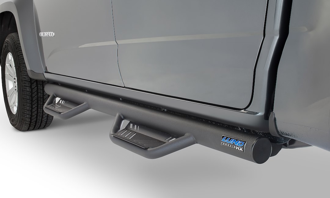 Lund International Nerf Bar, Terrain Hx Step™, With Drop Down Steps, 3 Inch Round Straight, Powder Coated Wrinkle Black Steel – 34641019