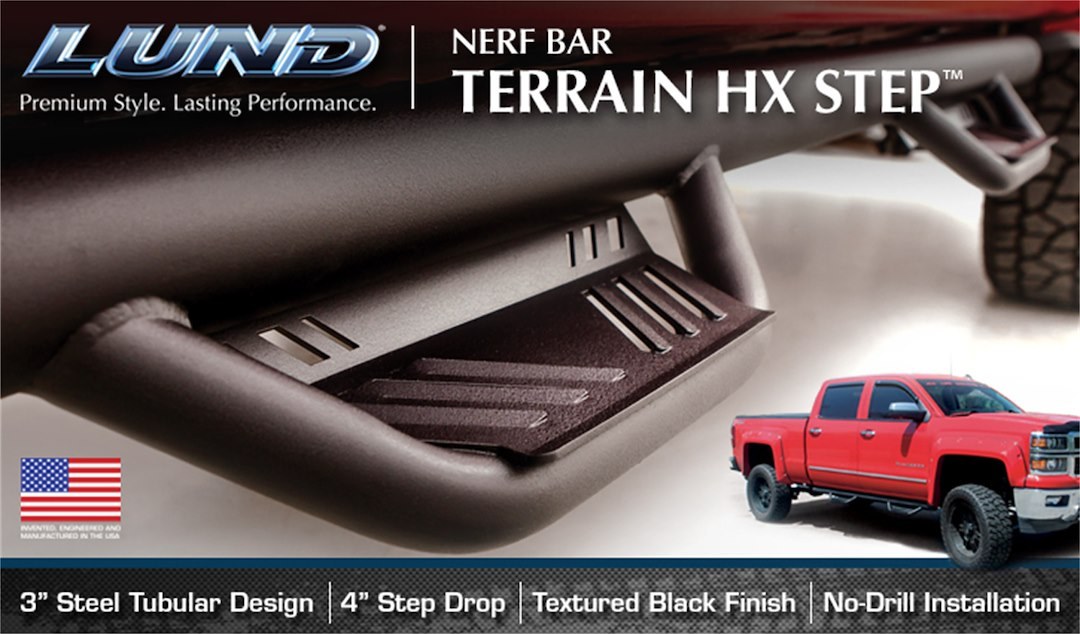 Lund International Nerf Bar, Terrain Hx Step™, With Drop Down Steps, 3 Inch Round Straight, Powder Coated Wrinkle Black Steel – 34641334