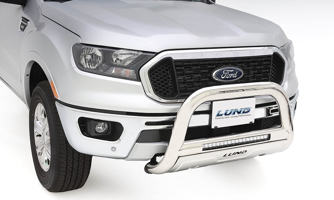 Lund International Bull Bar, Polished, Stainless Steel, 3.5 Inch Diameter, With Built IN 20 Inch LED Light Bar with Flood Beam Pattern – 47021300