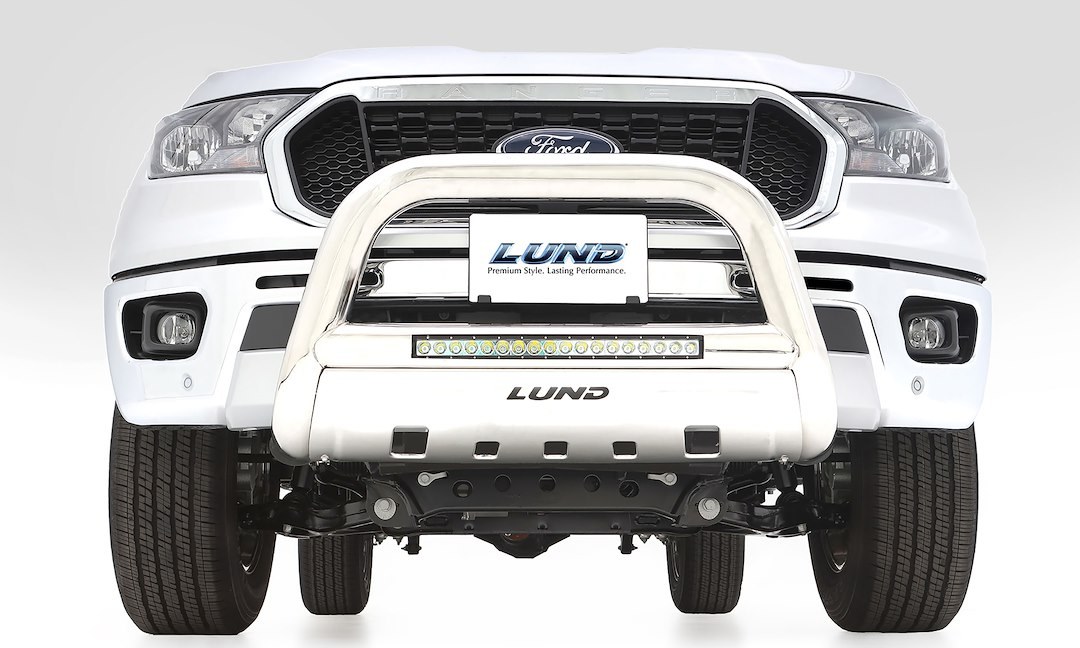 Lund International Bull Bar, Polished, Stainless Steel, 3.5 Inch Diameter, With Built IN 20 Inch LED Light Bar with Flood Beam Pattern – 47021300