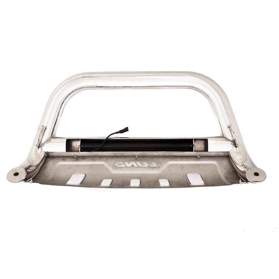 Lund International Bull Bar, Polished, Stainless Steel, 3.5 Inch Diameter, With Built IN 20 Inch LED Light Bar with Flood Beam Pattern – 47021300