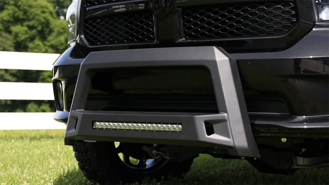 Lund International Bull Bar, Revolution ™, Textured Powder Coated, Black Matte, Steel, Chiseled Design, With LED Light Bar, Tow Hook Mount – 86521205