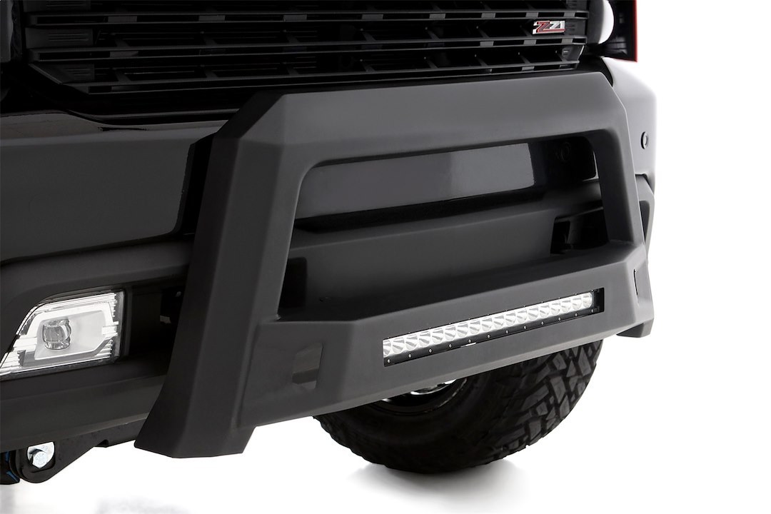 Lund International Bull Bar, Revolution ™, Textured Powder Coated, Black Matte, Steel, Chiseled Design, With LED Light Bar, Tow Hook Mount – 86521210