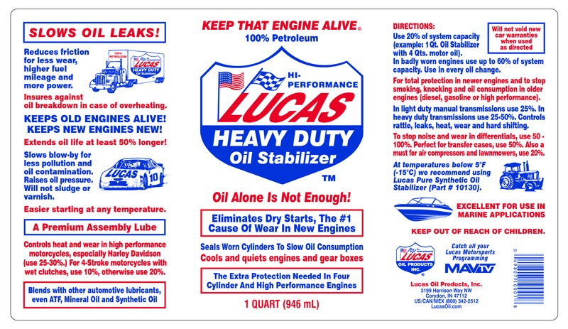 Lucas Oil Oil Additive, Heavy Duty, Use with Synthetic Oil, Use to Eliminate Dry Starts and Reduce Friction/ Heat/ Wear IN Any Type of Engine – 10001