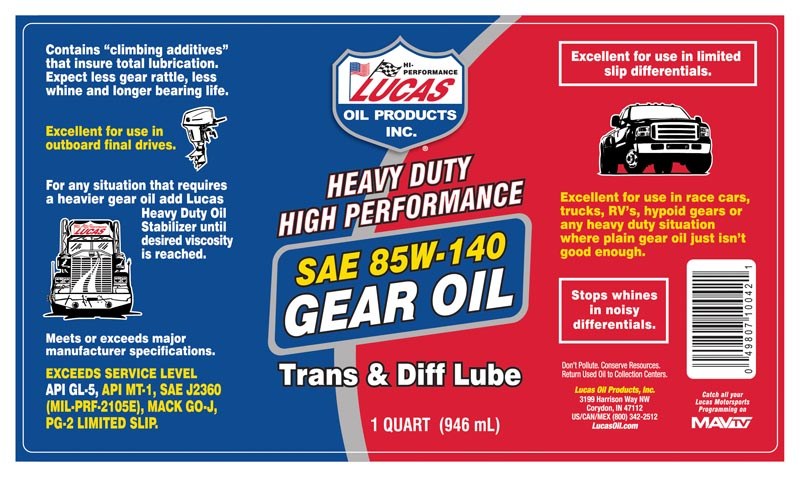 Lucas Oil Gear Oil, Single, 1 Quart Bottle, 85W-140 – 10042