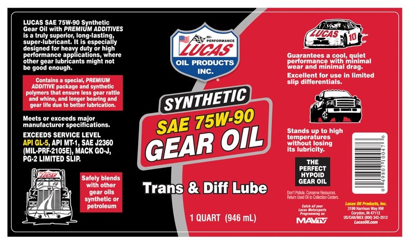 Lucas Oil Gear Oil, Single, 1 Quart Bottle, 75W-90, Synthetic – 10047