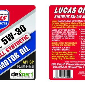 Lucas Oil Oil, SAE 5W-30, Synthetic, 1 Quart Bottle, Single – 10049