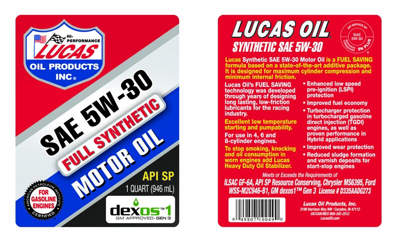 Lucas Oil Oil, SAE 5W-30, Synthetic, 1 Quart Bottle, Single – 10049