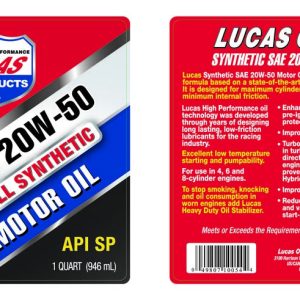 Lucas Oil Oil, SAE 20W-50, Synthetic, 1 Quart Bottle, Single – 10054