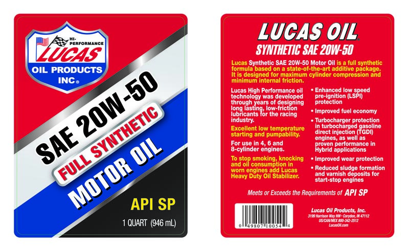 Lucas Oil Oil, SAE 20W-50, Synthetic, 1 Quart Bottle, Single – 10054