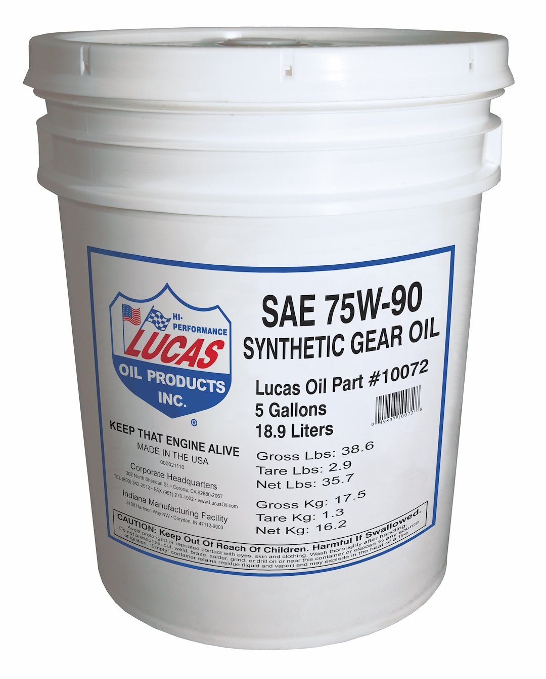 Lucas Oil Gear Oil, SAE 75W-90, Synthetic, 5 Gallon Pail, Single – 10072