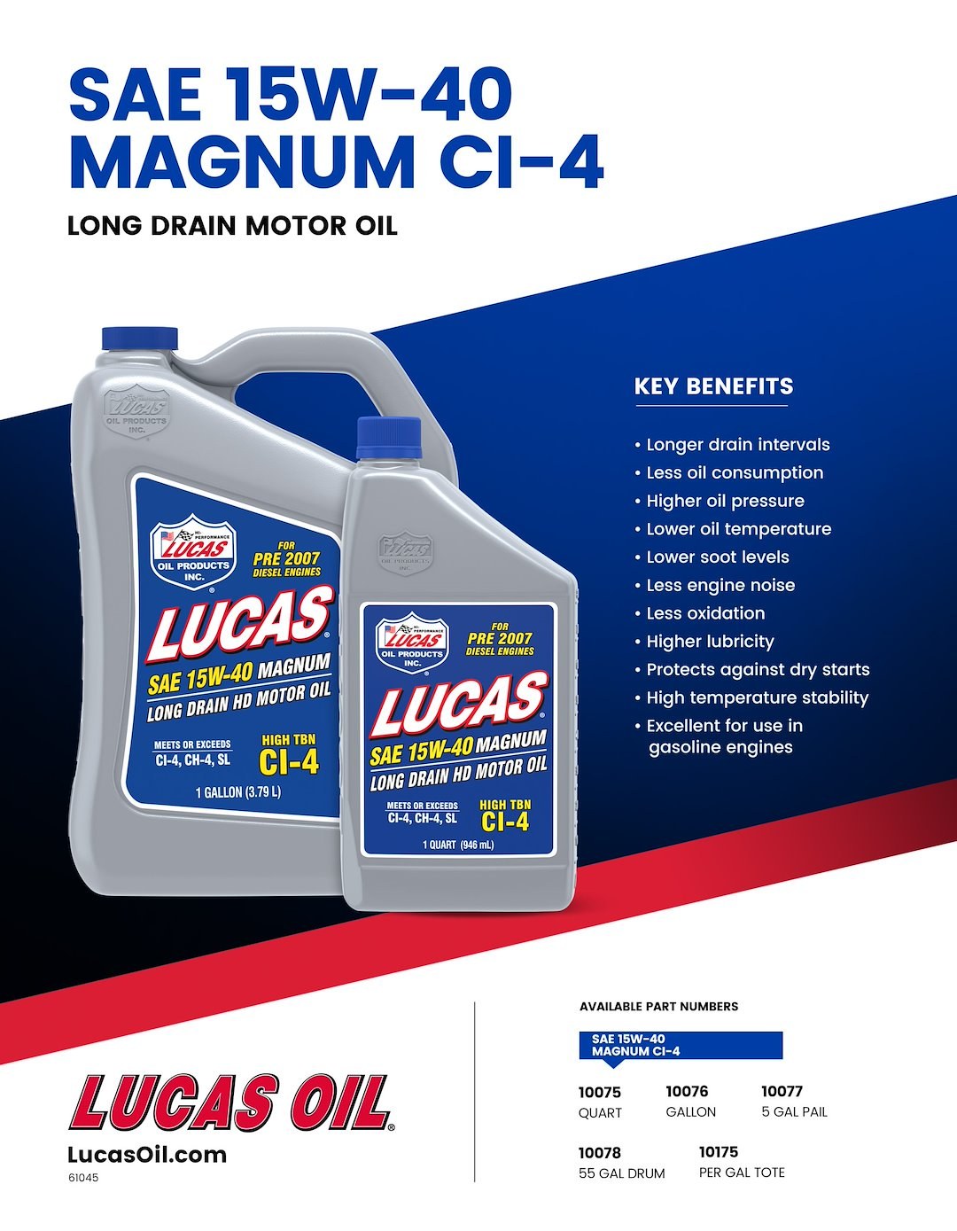 Lucas Oil Oil, SAE 15W-40, Synthetic Blend, 1 Gallon Jug, Single – 10076