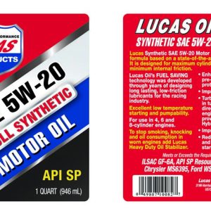 Lucas Oil Oil, SAE 5W-20, Synthetic, 1 Quart Bottle, Single – 10082