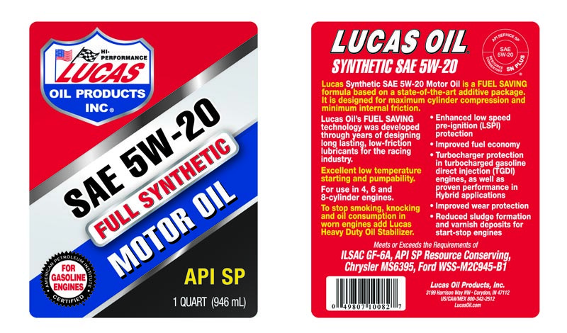 Lucas Oil Oil, SAE 5W-20, Synthetic, 1 Quart Bottle, Single – 10082