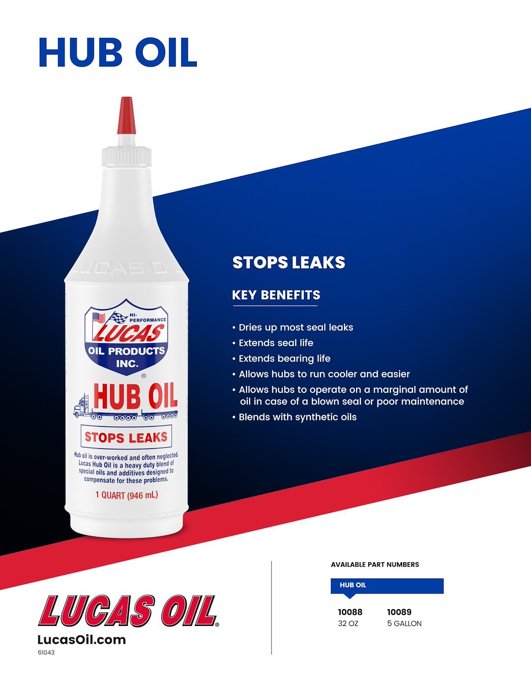 Lucas Oil Hub Oil, Used to Lubricate Hubs and Stop Hub Seal Leaks on Heavy Duty Trucks, 1 Quart Bottle, Single – 10088