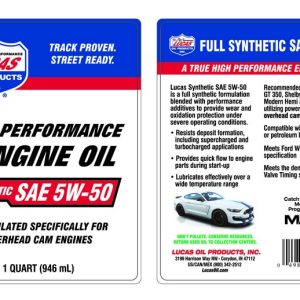 Lucas Oil Oil, SAE 5W-50, Synthetic, 1 Quart Bottle, Single – 10101