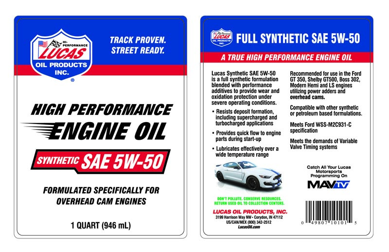 Lucas Oil Oil, SAE 5W-50, Synthetic, 1 Quart Bottle, Single – 10101