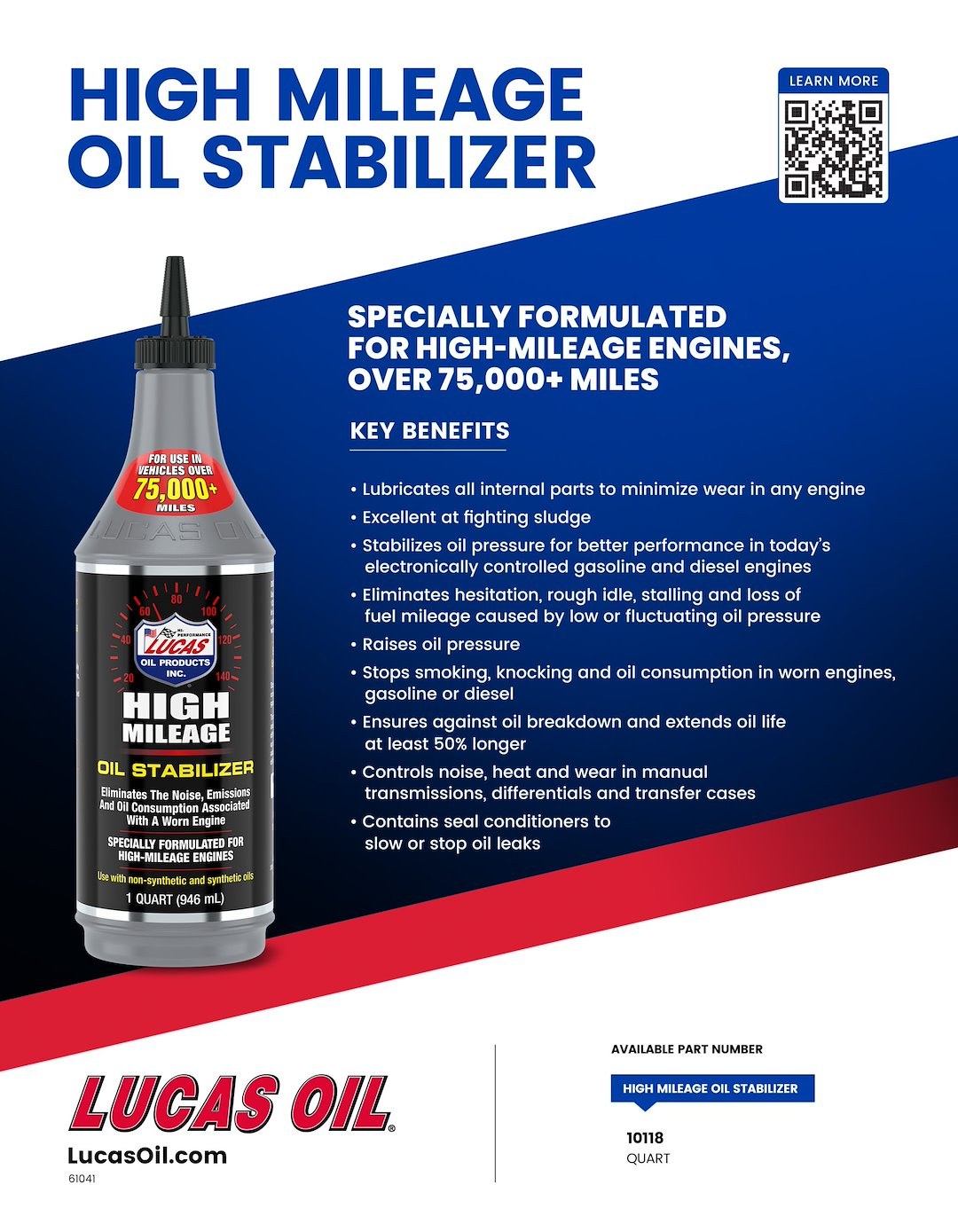 Lucas Oil Oil Additive, Use with Synthetic and Semi-Synthetic Oil, High Mileage – 10118