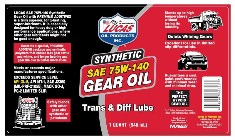 Lucas Oil Gear Oil, Single, 1 Quart Bottle, 75W-140, Synthetic – 10121