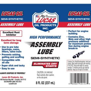 Lucas Oil Assembly Lube, Use to Pre Lube Bearings/ Cams/ Lifters/ Valve Train, Dissolves IN Oil, Single, 8 Ounce Bottle – 10153