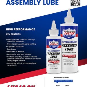 Lucas Oil Assembly Lube, Use to Pre Lube Bearings/ Cams/ Lifters/ Valve Train, Dissolves IN Oil, Single, 8 Ounce Bottle – 10153
