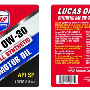 Lucas Oil Oil, SAE 0W-30, Synthetic, 1 Quart Bottle, Single – 10179
