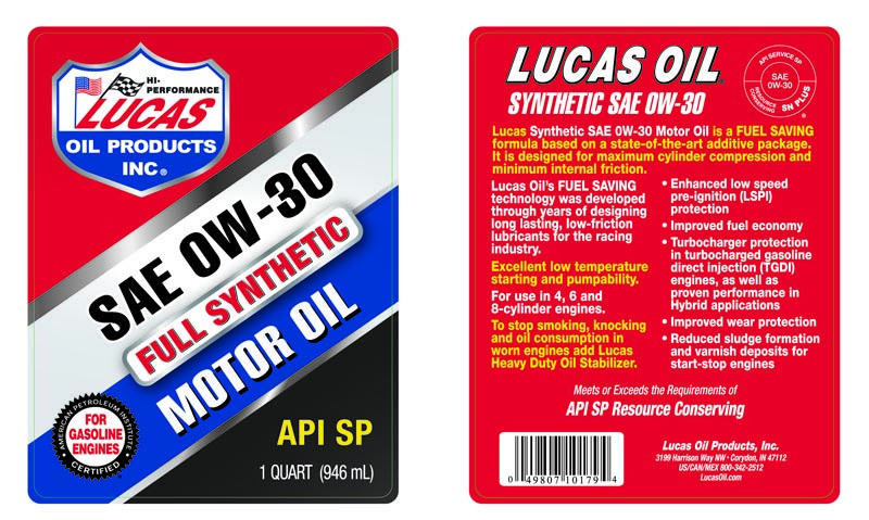 Lucas Oil Oil, SAE 0W-30, Synthetic, 1 Quart Bottle, Single – 10179