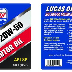 Lucas Oil Oil, SAE 20W-50, Conventional, 1 Quart Bottle, Single – 10252