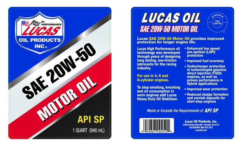 Lucas Oil Oil, SAE 20W-50, Conventional, 1 Quart Bottle, Single – 10252