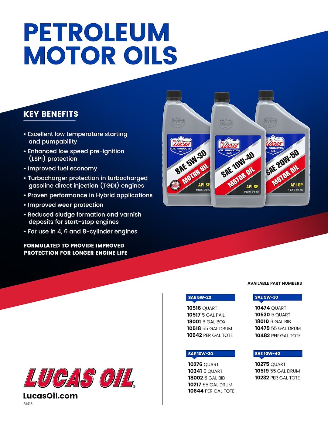 Lucas Oil Oil, SAE 10W40, 1 Quart Bottle, Single – 10275