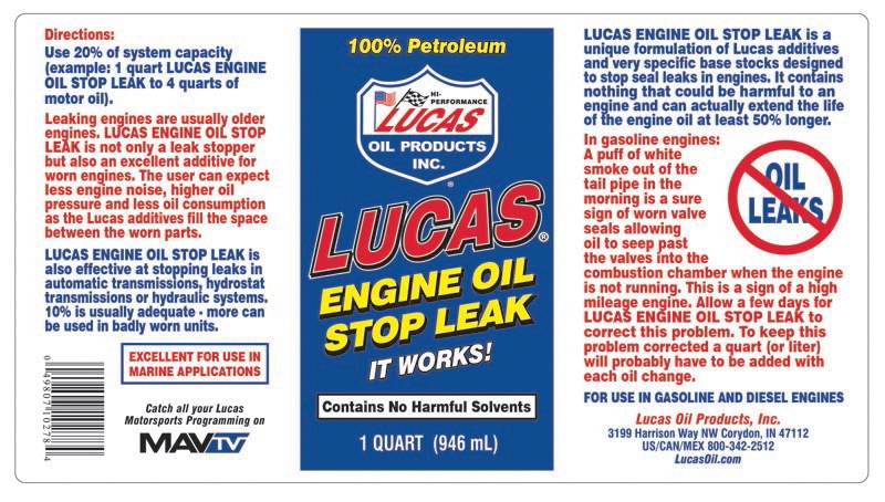 Lucas Oil Oil Stop Leak, Use to Stop Leaks IN Engine, 1 Quart Bottle, Single – 10278