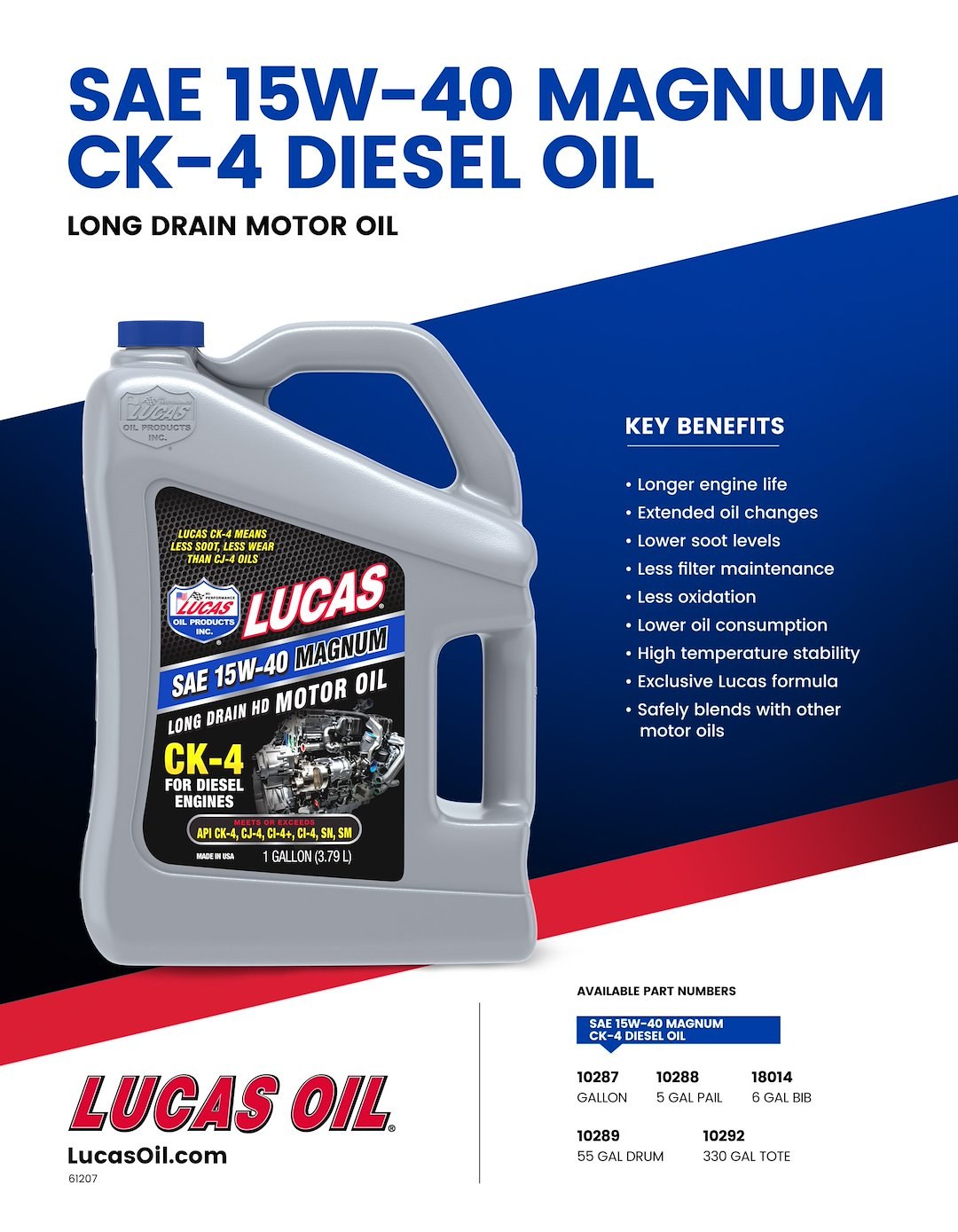Lucas Oil Oil, SAE 15W-40, Magnum, CK-4, 1 Gallon Jug, Single – 10287