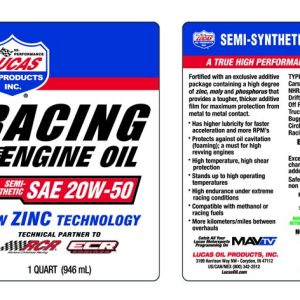 Lucas Oil Oil, SAE 20W-50, Semi-Synthetic, 1 Quart Bottle, Single – 10306