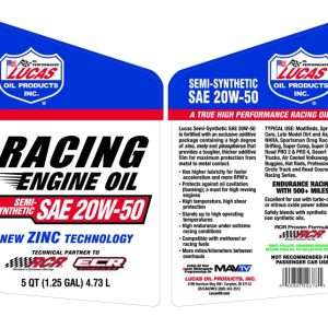 Lucas Oil Oil, SAE 20W-50, Semi-Synthetic, 5 Quart Jug, Single, Racing Only – 10378